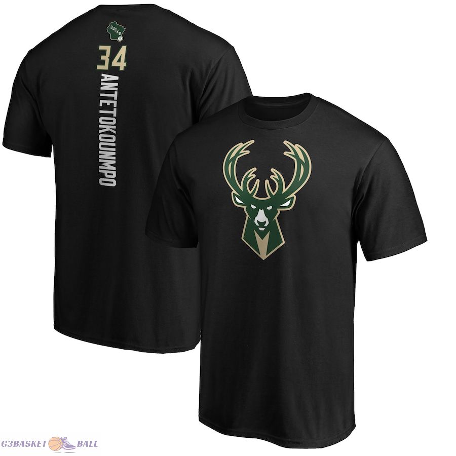 Men's Milwaukee Bucks Giannis Antetokounmpo Black Team Playmaker Name & Number T-Shirt