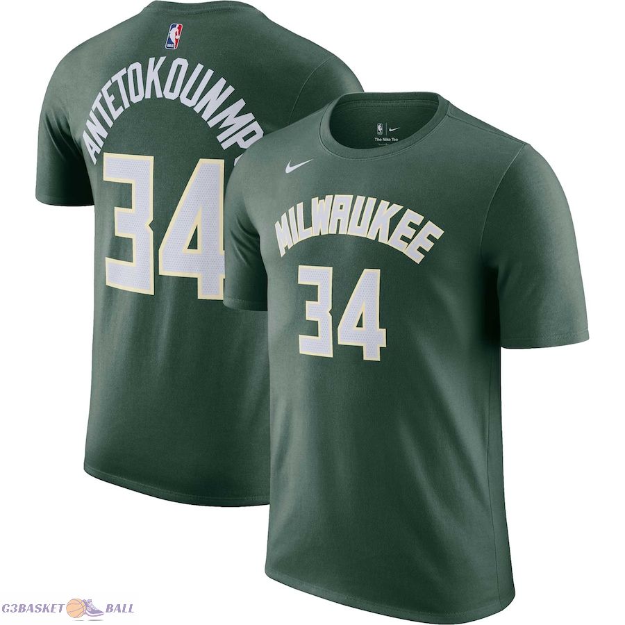 Men's Milwaukee Bucks Giannis Antetokounmpo Hunter Green Icon 2022/23 Name & Number T-Shirt