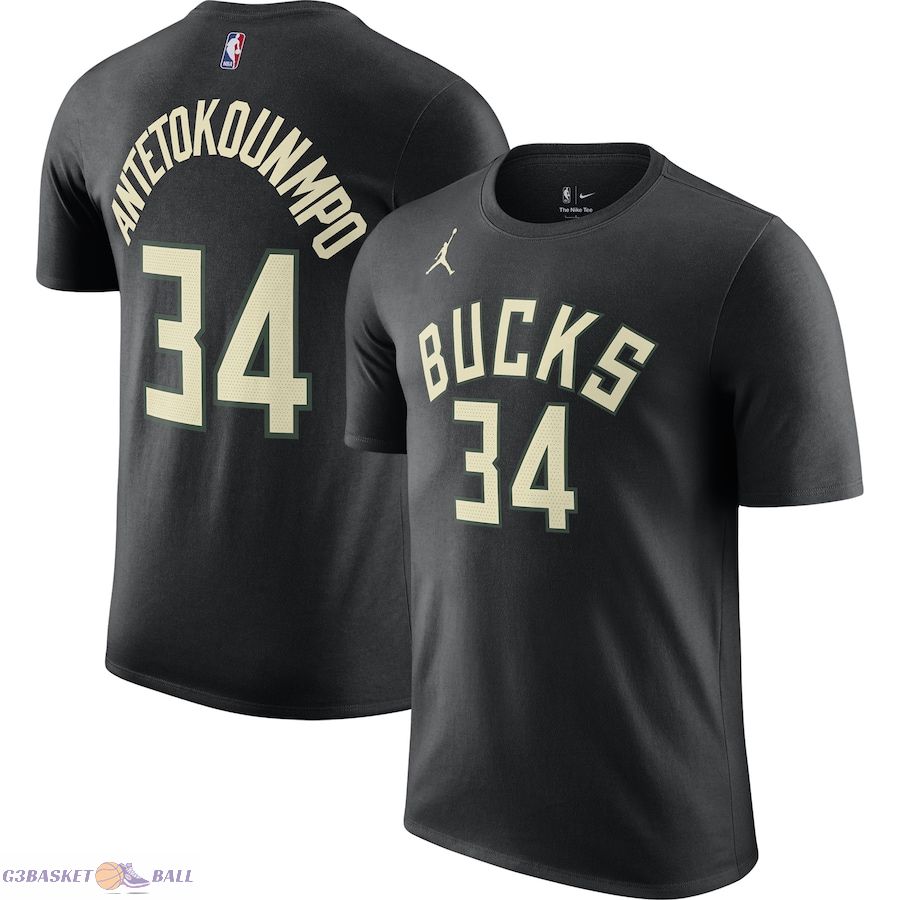 Men's Milwaukee Bucks Giannis Antetokounmpo Jordan Brand Black 2022/23 Statement Edition Name & Number T-Shirt