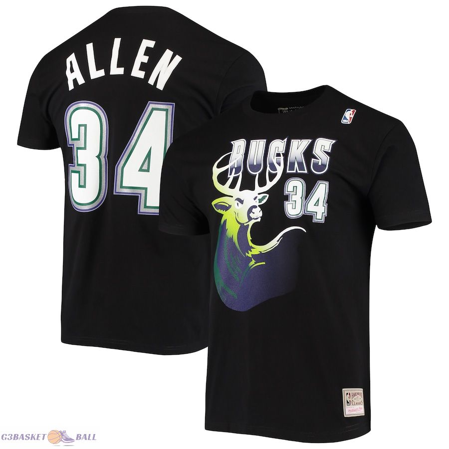 Men's Milwaukee Bucks Ray Allen Mitchell & Ness Black Hardwood Classics Stitch Name & Number T-Shirt