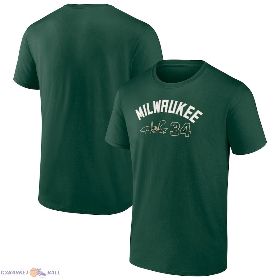 Men's Milwaukee Bucks Giannis Antetokounmpo Fanatics Hunter Green Name & Number T-Shirt