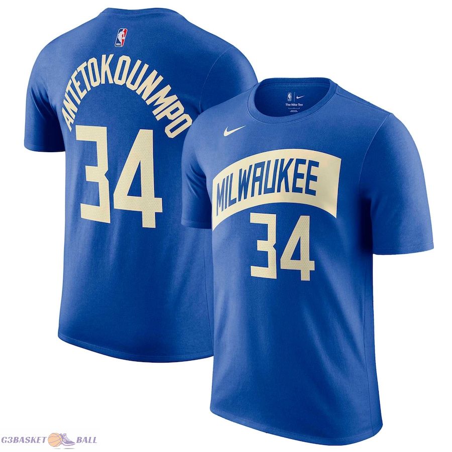 Men's Milwaukee Bucks Giannis Antetokounmpo Royal 2023/24 City Edition Name & Number T-Shirt