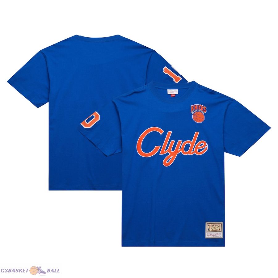 Men's New York Knicks Walt Frazier Mitchell & Ness Blue Premium Nickname T-Shirt