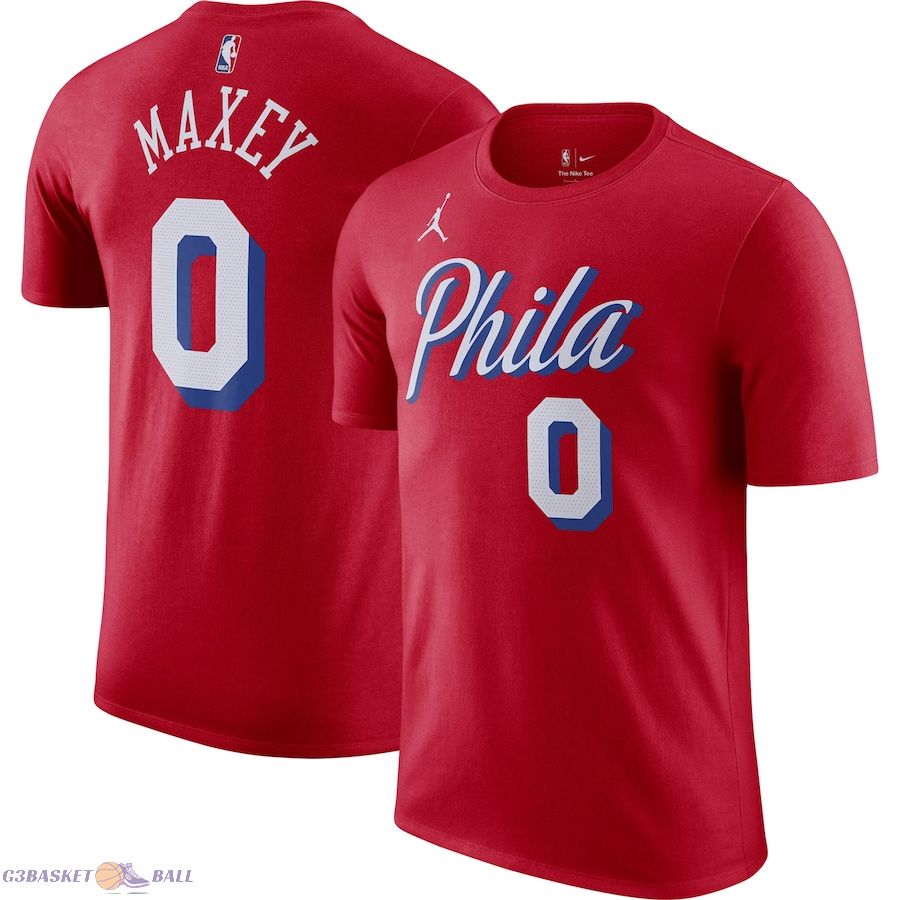 Men's Philadelphia 76ers Tyrese Maxey Jordan Brand Red 2022/23 Statement Edition Name & Number T-Shirt