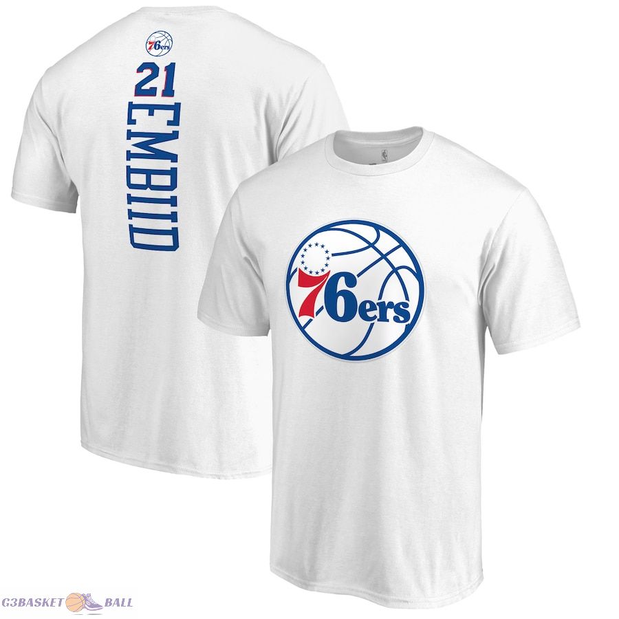 Men's Philadelphia 76ers Joel Embiid White Backer Name & Number T-Shirt