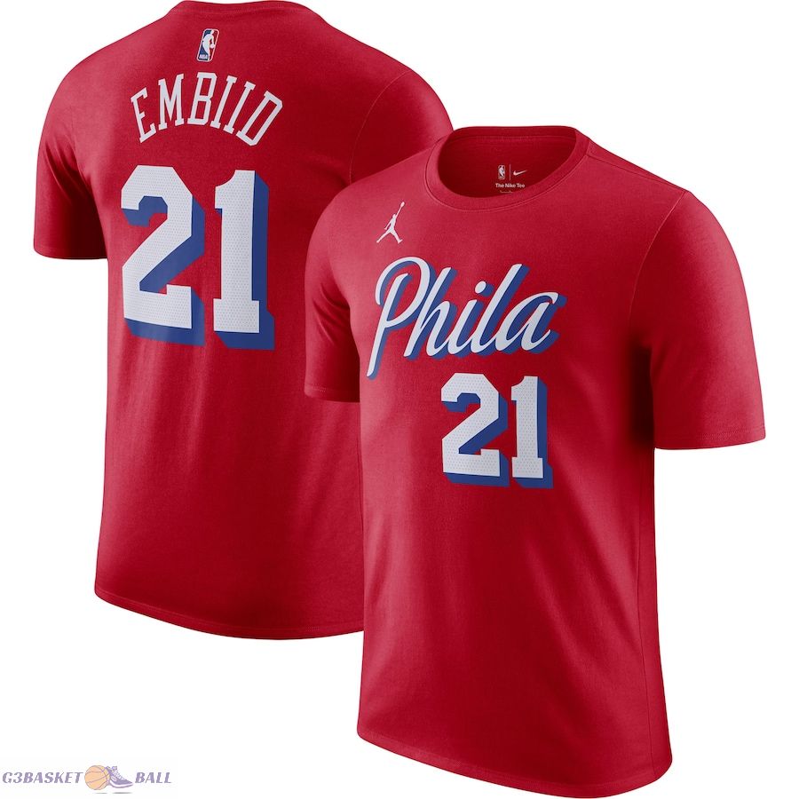 Men's Philadelphia 76ers Joel Embiid Jordan Brand Red 2022/23 Statement Edition Name & Number T-Shirt