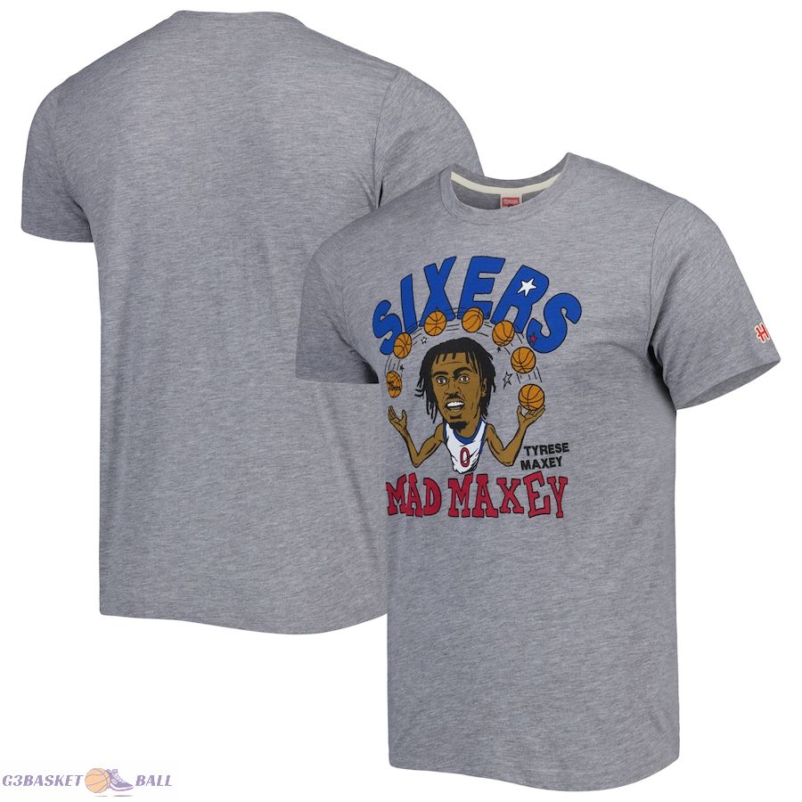 Men's Philadelphia 76ers Tyrese Maxey Homage Gray Caricature Tri-Blend T-Shirt