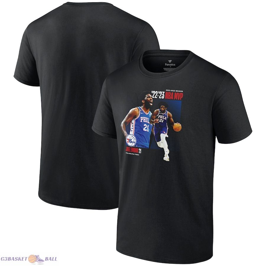 Men's Philadelphia 76ers Joel Embiid Black 2023 NBA MVP Award Time Out T-Shirt