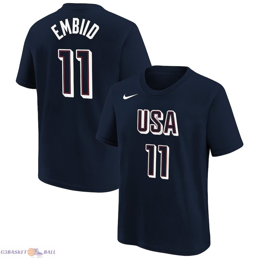 Youth USA Basketball Joel Embiid Navy 2024 Summer Olympics Name & Number T-Shirt