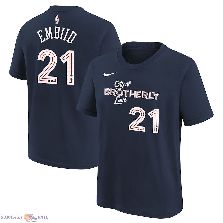 Youth Philadelphia 76ers Joel Embiid Navy 2023/24 City Edition Name & Number T-Shirt