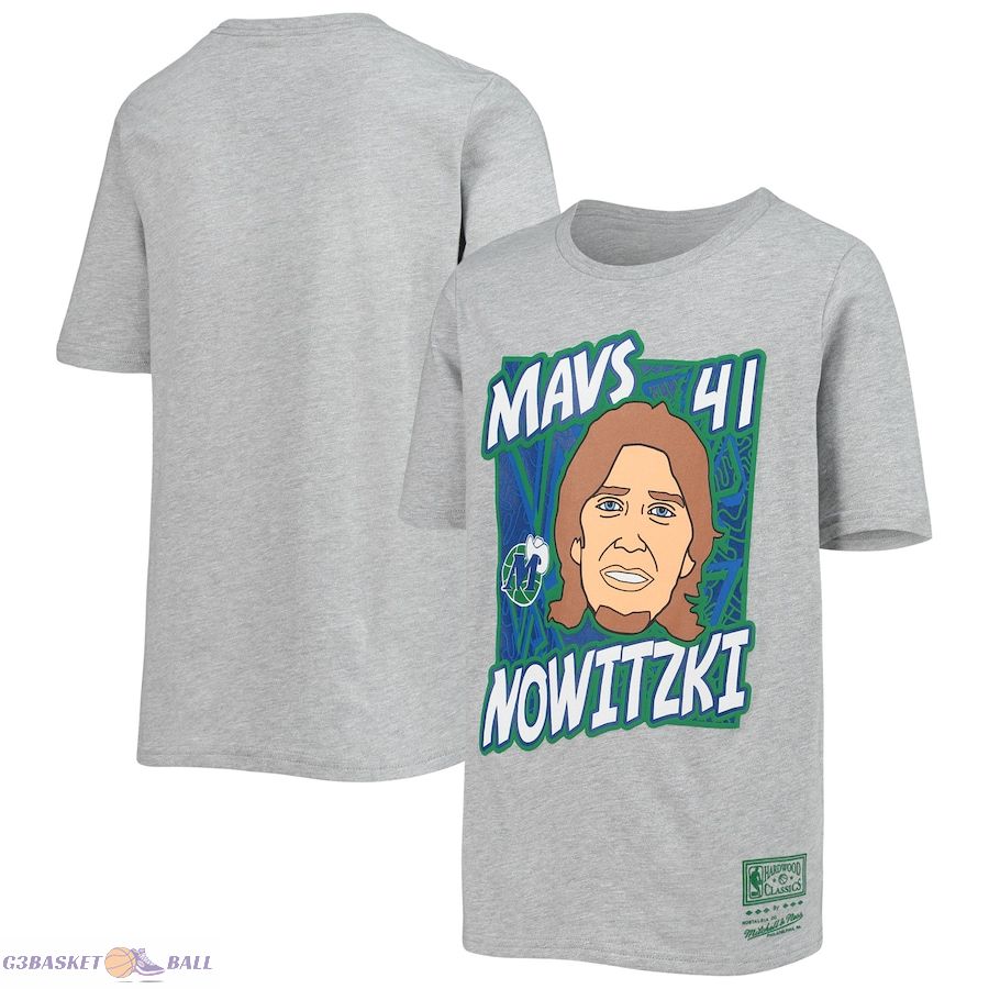 Youth Dallas Mavericks Dirk Nowitzki Mitchell & Ness Heathered Gray Hardwood Classics King of the Court Player T-Shirt