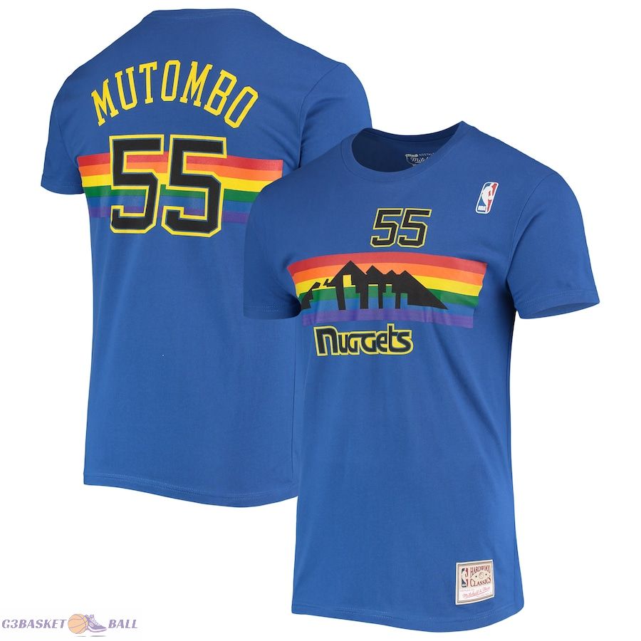 Men's Denver Nuggets Dikembe Mutombo Mitchell & Ness Royal Hardwood Classics Stitch Name & Number T-Shirt