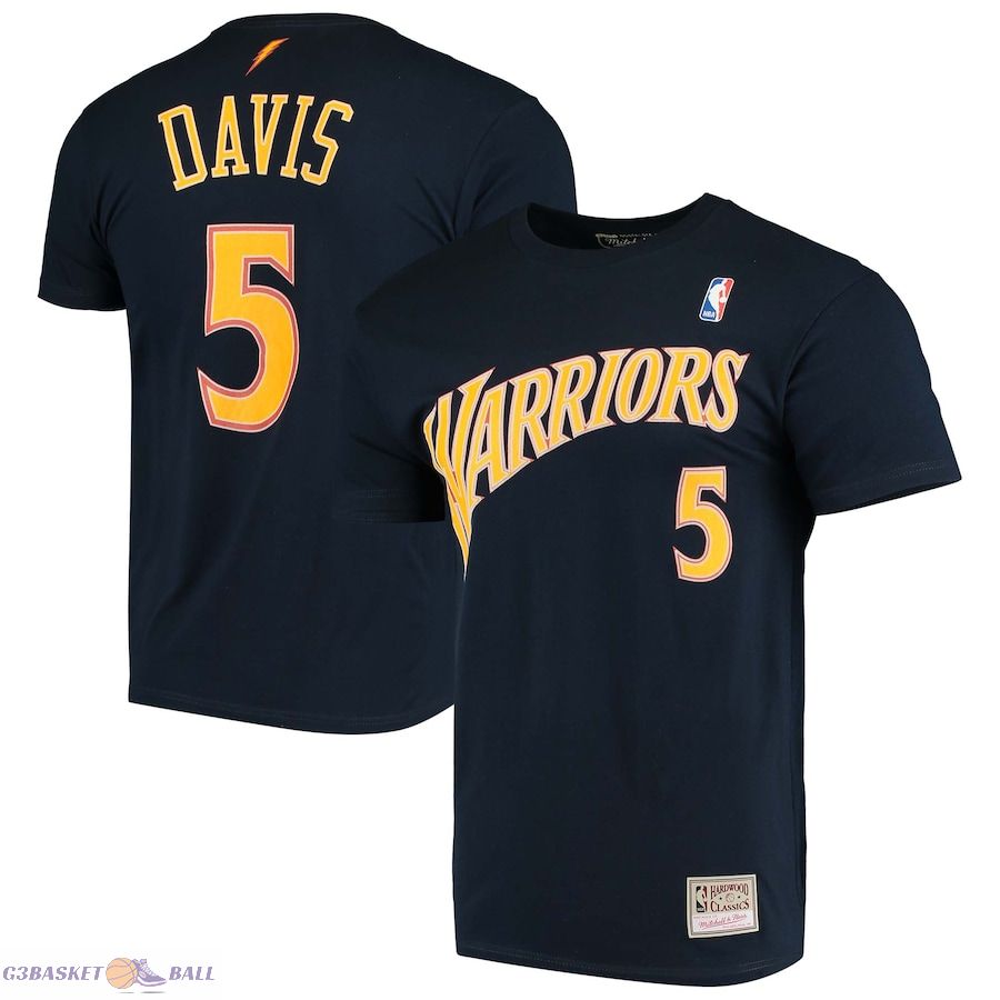 Men's Golden State Warriors Baron Davis Mitchell & Ness Navy Hardwood Classics Stitch Name & Number T-Shirt