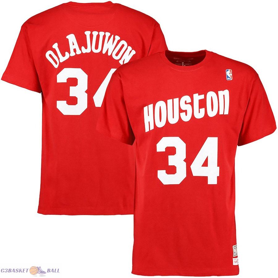 Men's Houston Rockets Hakeem Olajuwon Mitchell & Ness Red Hardwood Classics Retro Name & Number T-Shirt