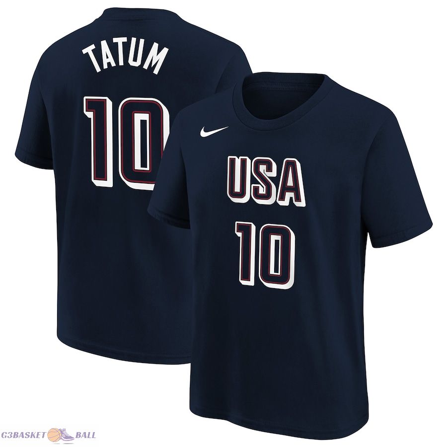 Youth USA Basketball Jayson Tatum Navy 2024 Summer Olympics Name & Number T-Shirt