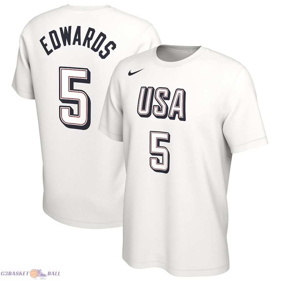 Men's USA Basketball Anthony Edwards White 2024 Summer Olympics Name & Number T-Shirt