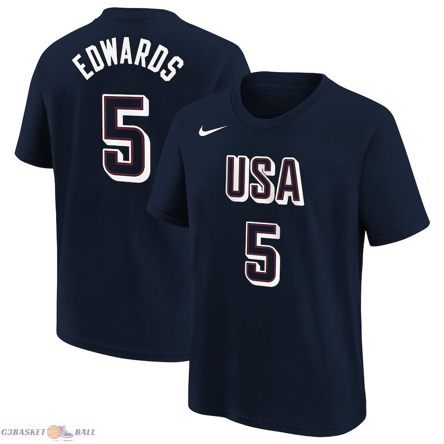 Youth USA Basketball Anthony Edwards Navy 2024 Summer Olympics Name & Number T-Shirt