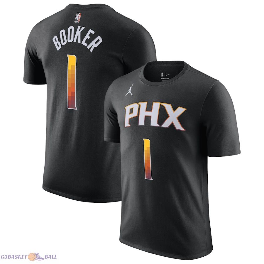 Men's Phoenix Suns Devin Booker Jordan Brand Black 2022/23 Statement Edition Name & Number T-Shirt