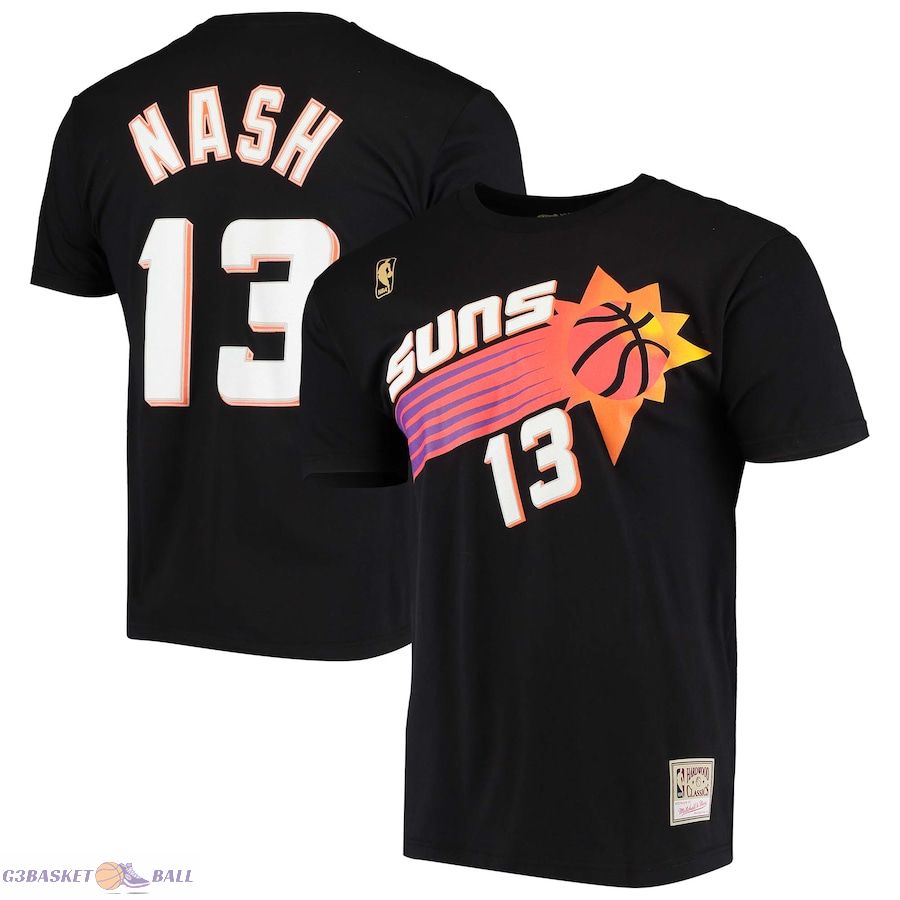 Men's Phoenix Suns Steve Nash Mitchell & Ness Black Hardwood Classics Stitch Name & Number T-Shirt