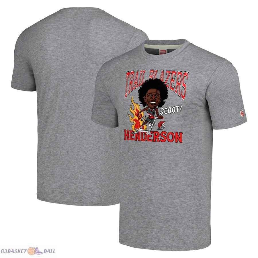 Men's Portland Trail Blazers Scoot Henderson Homage Gray Caricature Tri-Blend T-Shirt