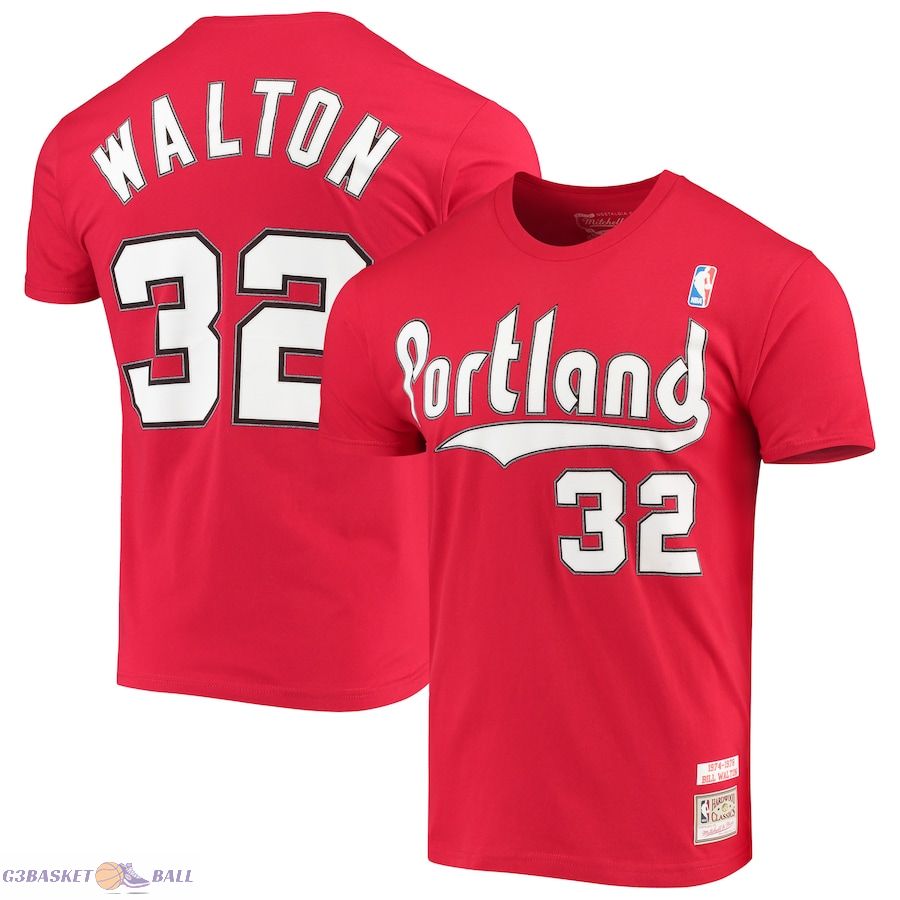 Men's Portland Trail Blazers Bill Walton Mitchell & Ness Red Hardwood Classics Player Name & Number T-Shirt