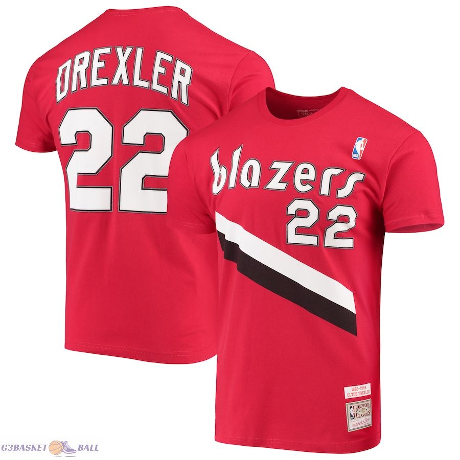 Men's Portland Trail Blazers Clyde Drexler Mitchell & Ness Red Hardwood Classics Player Name & Number T-Shirt