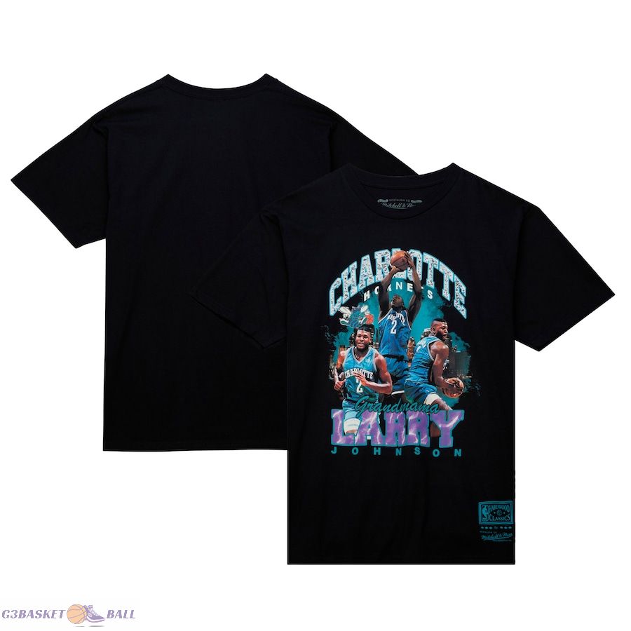 Men's Charlotte Hornets Larry Johnson Mitchell & Ness Black Hardwood Classics Bling Concert Player T-Shirt