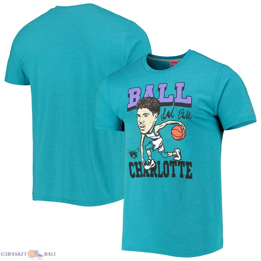 Men's Charlotte Hornets LaMelo Ball Homage Heathered Teal Caricature Tri-Blend T-Shirt