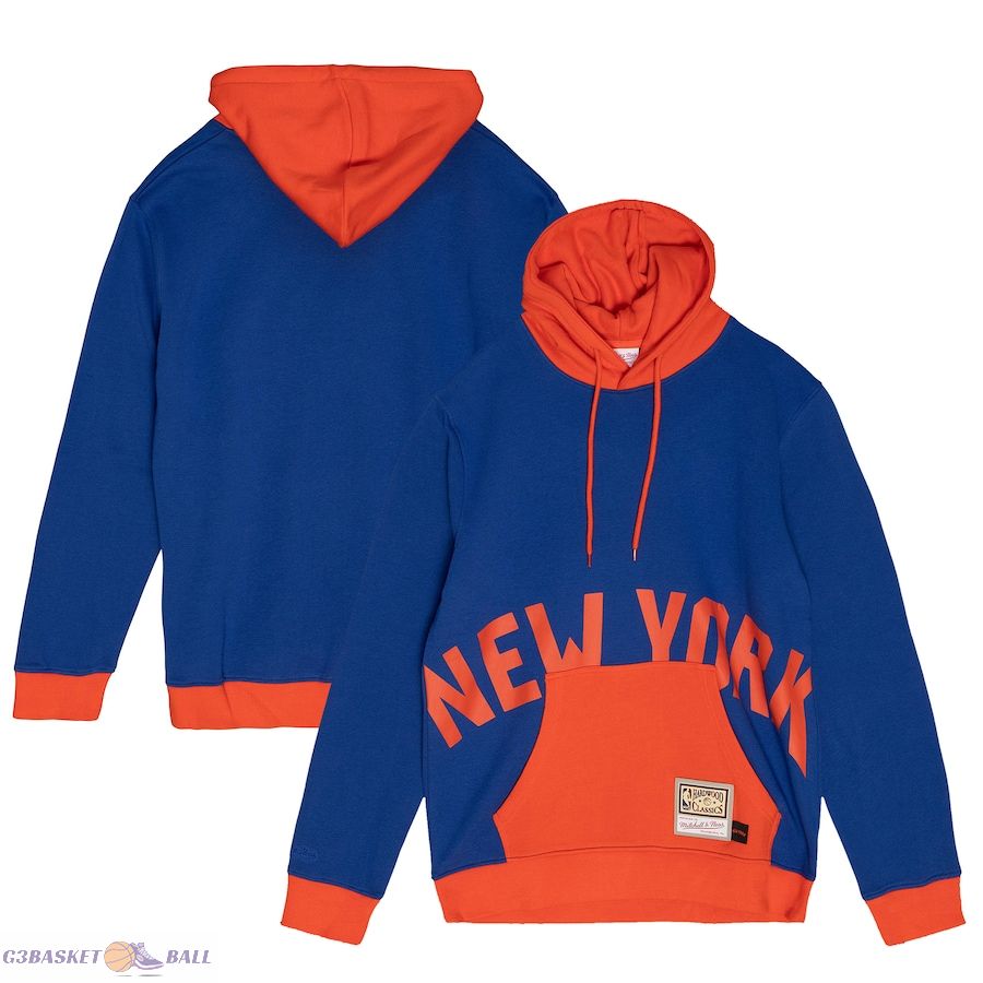 Men's New York Knicks Mitchell & Ness Blue Hardwood Classics Big Face 5.0 Pullover Hoodie