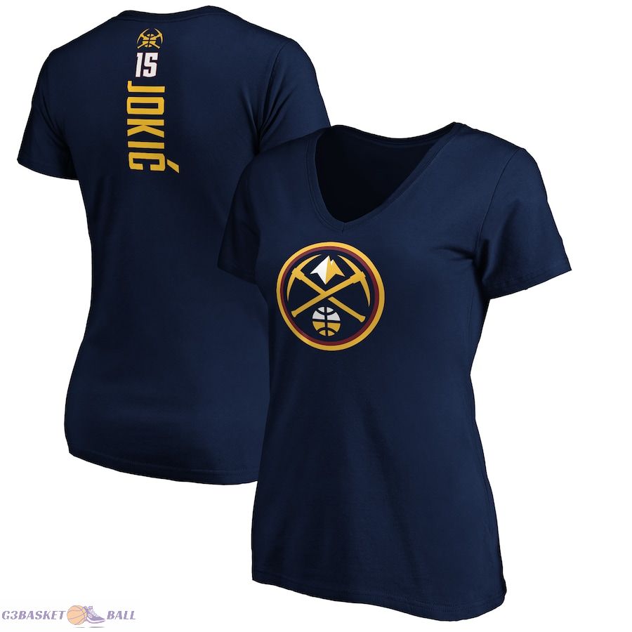 Women's Denver Nuggets Nikola Jokic Navy Playmaker Name & Number V-Neck T-Shirt