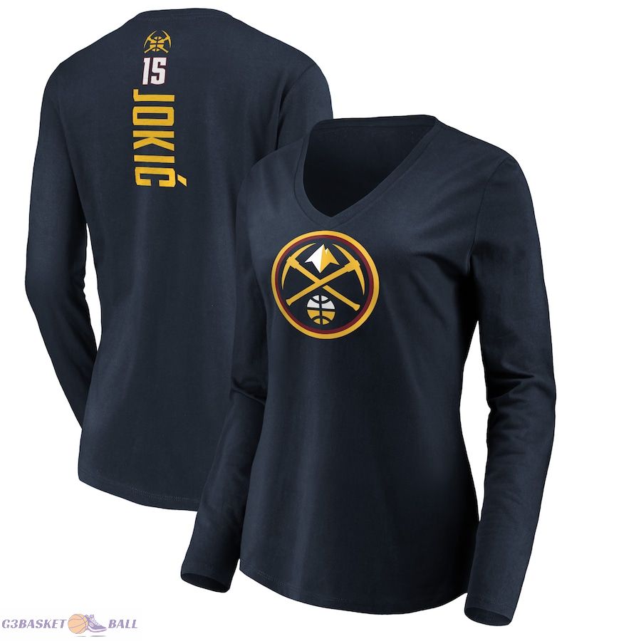 Women's Denver Nuggets Nikola Jokic Navy Playmaker Name & Number Long Sleeve V-Neck T-Shirt