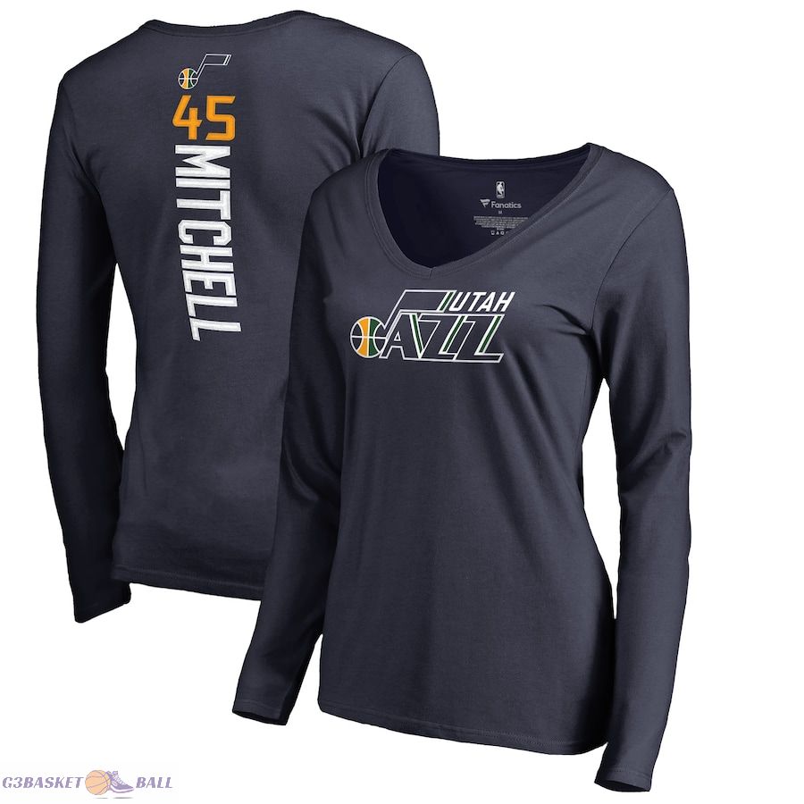 Women's Utah Jazz Donovan Mitchell Fanatics Navy Backer Long Sleeve V-Neck T-Shirt