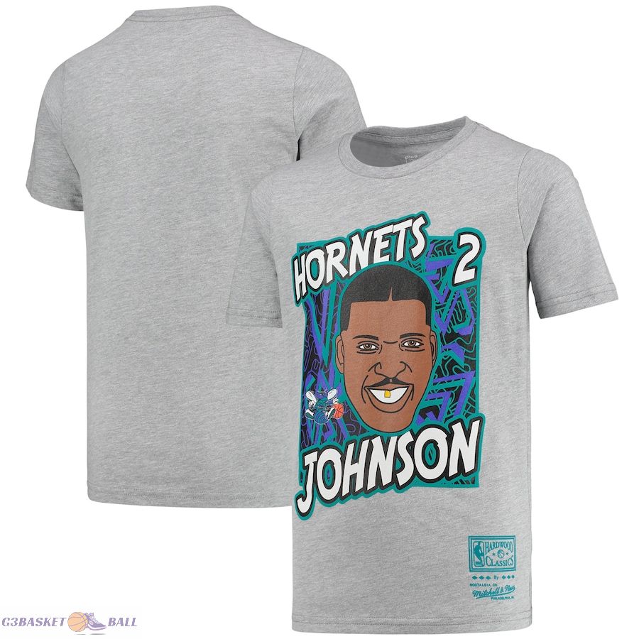 Youth Charlotte Hornets Larry Johnson Mitchell & Ness Gray Hardwood Classics King of the Court Player T-Shirt